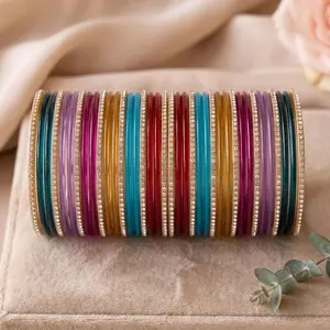 38 Pcs Glass Bangles Set With Gold Detail, Indian Multicolor Bangle Wedding Jewelry & Gift