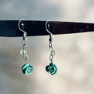 Handmade Teal Rose Earrings with Clear Bead Accent Silver-Tone Fishhook Ear Wires Lightweight Everyday Wear Dainty Floral Jewelry