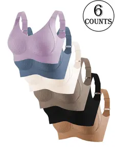 Women's Seamless Wireless Bra, Adjustable Wide Shoulder Straps, Comfortable Breathable Daily Wear, Ribbed Stripe Design