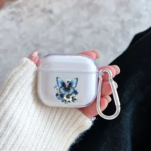 Chic Blue Butterfly Pattern TPU Soft Protective Case for Apple AirPods 4/3/2/1/Pro/Pro2 Transparent Earphone Cover with Keychain Attachment