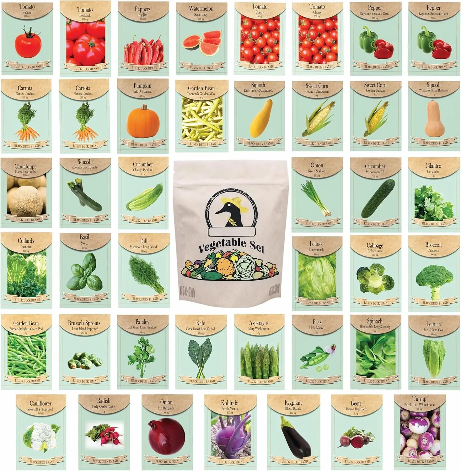 43-Packet Vegetable and Herb Seed Kit, 10,000+ Assorted Heirloom Seeds for Home Gardening with Resealable Storage Bag