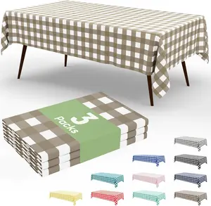 Smiry 3 Pack Khaki Gingham Disposable Tablecloths - 54" x 108" Heavy Duty Plastic Table Cloth, Waterproof Buffalo Plaid Table Covers for Picnic, Banquets, Outdoor Parties