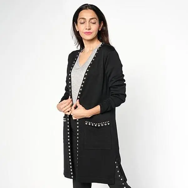 Nina Leonard Long-Sleeve Sweater Knit Studded Cardigan