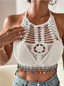 Women's Beaded Tassel Decor Cut Out Backless Halter Casual Sleeveless Crop Cami Top, Halter Neck Boho Style Tassel Trim Tie Back Cover Up Top For Summer, Women's Knit Top For Beach Vacation Holiday, Womenswear