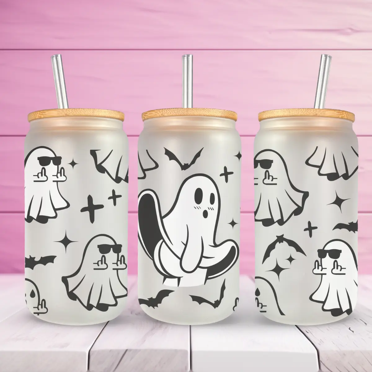 Middle Finger Ghosts 16oz Beer Glass with Bamboo lid and Straw