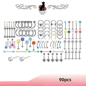 90-piece piercing jewelry set with stainless steel curved bars, horseshoe nose rings and straight studs. Assorted mixed-style body piercings, crafted from durable stainless steel with colorful acrylic decorations, suitable for multiple piercing locations.