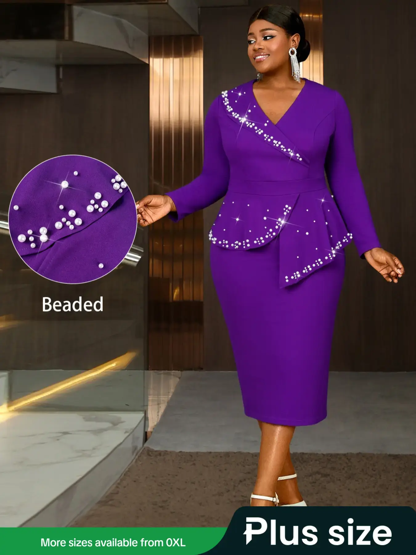 Plus Size V Neck Long Sleeve Dress, Elegant Ruffle Hem Rhinestone Formal Evening Gown, Women's Chic Aesthetic Fashion Party Dresses, Lady, Womenswear, Elegance, Style