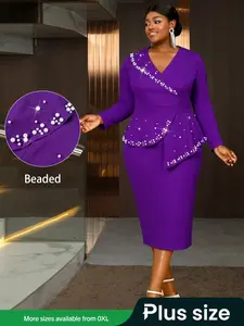 Plus Size V Neck Long Sleeve Dress, Elegant Ruffle Hem Rhinestone Formal Evening Gown, Women's Chic Aesthetic Fashion Party Dresses, Womenswear, Elegance, Style