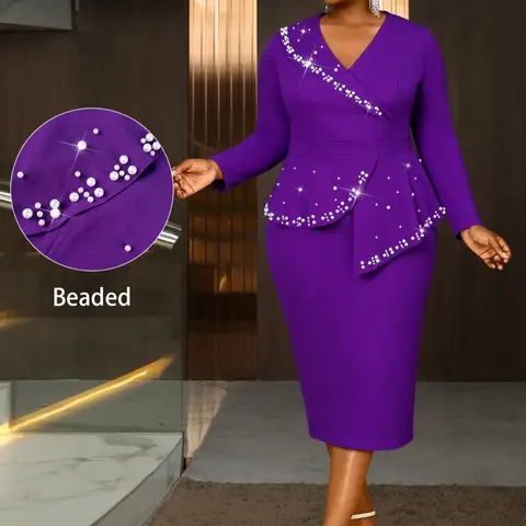 Plus Size V Neck Long Sleeve Dress, Elegant Ruffle Hem Rhinestone Formal Evening Gown, Women's Chic Aesthetic Fashion Party Dresses, Lady, Womenswear, Elegance, Style