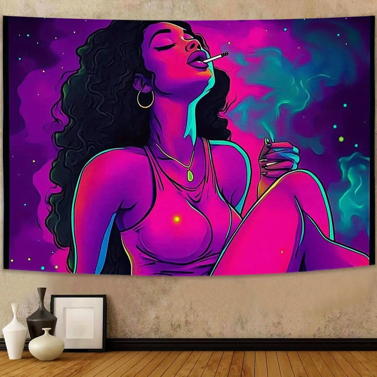 1pc Synthetic Peach Skin Tapestry - Edgy Cyberpunk Girl & Forest Print, Decorative Wrinkle Resistant Wall Hanging, Wall Decor for Living Room, Birthday & Holiday Gift for Family Friends, Machine Washable