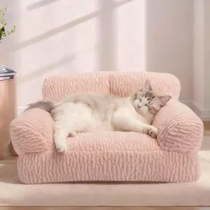 Pink Cat Couch Sofa Bed - Fluffy Orthopedic Pet Lounge for Indoor Cats, Removable Washable Cover, Supportive Kitten Couch, 30 inch