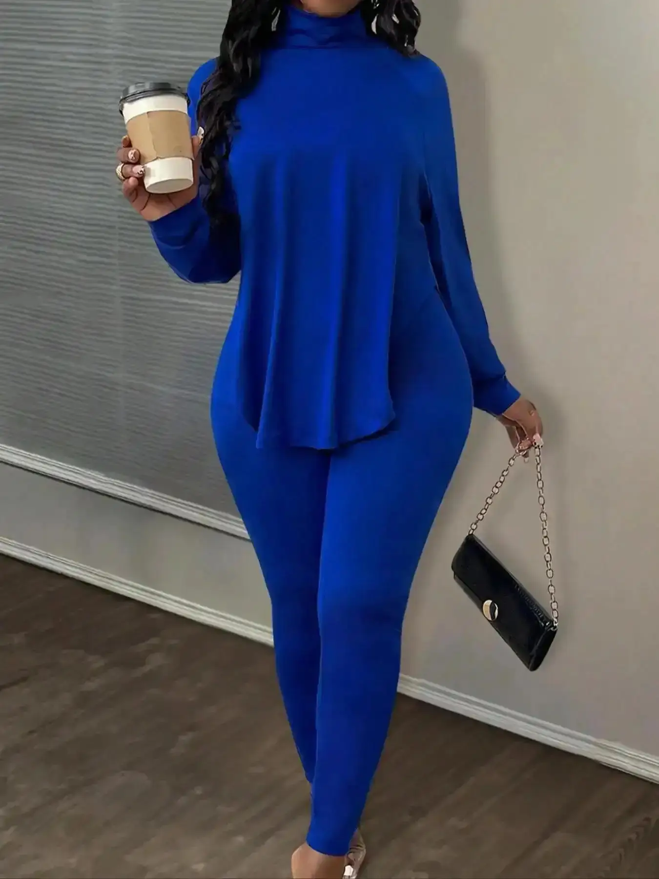 Women's Solid Raglan Long Sleeve Top & Skinny Pants Two-Piece Set, Fitted Casual Fashion Cozy High Neck Turtleneck & Trousers for Daily Outdoor Wear, Clothing & Womenswear Fall & Winter, Flattering Silhouette