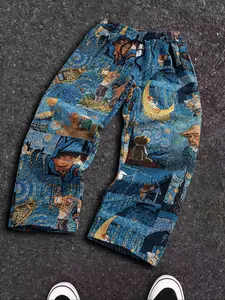 Men's Long Pants, Casual Loose Fit, Woven Coarse Yarn Jacquard Fabric, Drawstring Straight Leg Pants with Pockets, Fashion Streetwear