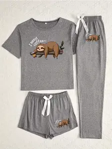 Women's Cartoon Coffee Tree Printed Sleepwear Set, Loose Fit Casual Style, All-Season Comfortable Pajama Suit, Pjs, Pyjamas, Loungewear