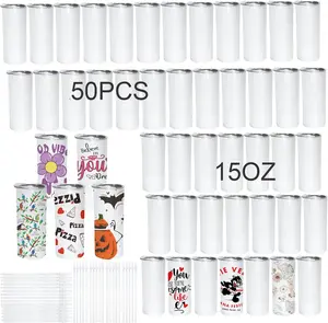 USA 50pcs 15oz  Flat Edge Skinny Tumblers sublimation Blank Kids Cups stainless steel Insulated DIY Personalize for students school outdoor
