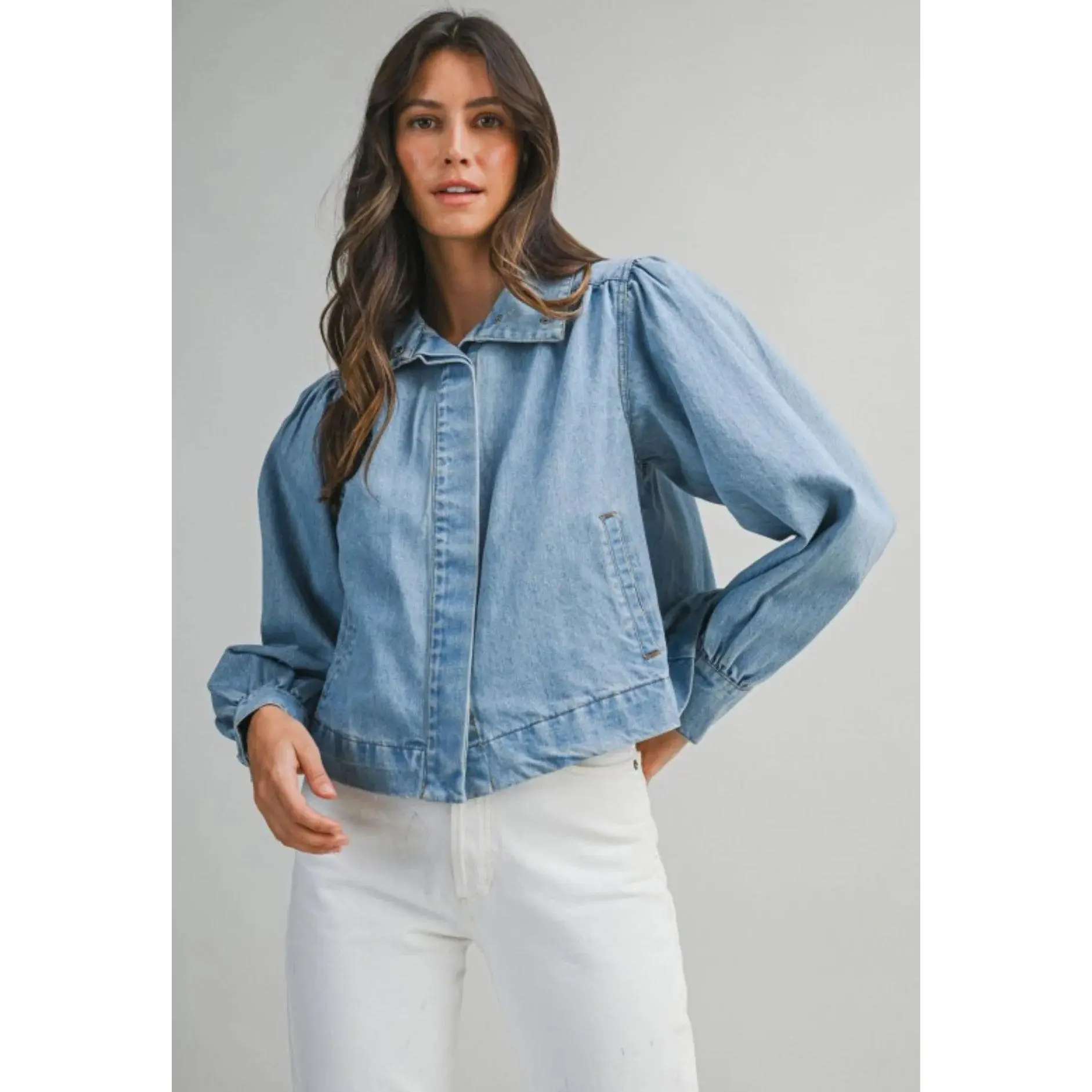 Women's Balloon Sleeve Denim Jacket - Light Blue Button Down Top Coat with a Modern Twist for Everyday Wear, Tops, Coats, Piece, Polyester, Tee, Puff Sleeves