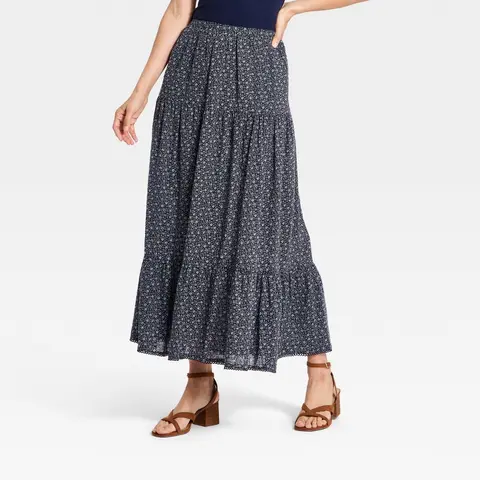 Women's Cotton Pantskirt Garment - Universal Thread Woven Casual Bottom, Lightweight All Over Print Fabric, High Waist Back Elastic Closure, Tiered Full Skirt Silhouette, Pocket, Elegant Fit