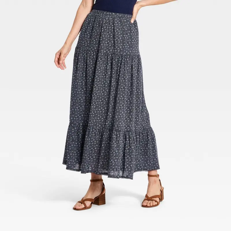 Women's Cotton Pantskirt Garment - Universal Thread Woven Casual Bottom, Lightweight All Over Print Fabric, High Waist Back Elastic Closure, Tiered Full Skirt Silhouette, Pocket, Elegant Fit