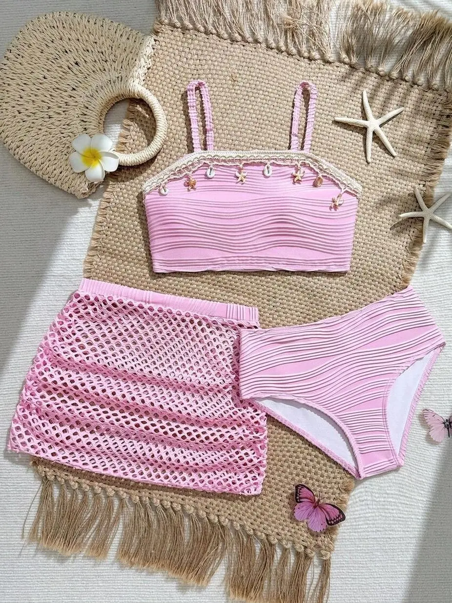 Tween Girl 3-Piece Bikini Set, Shell Decor Strapless Top With Mesh Skirt, Summer Beach Vacation Swimwear