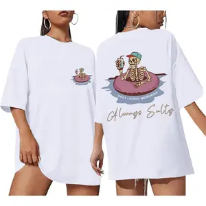 Women's Oversized Skeleton T-Shirt - Cotton Fabric, Short-Sleeve, Casual Fit, Funny Graphic, Vintage Baggy, Salty Beach Summer Top