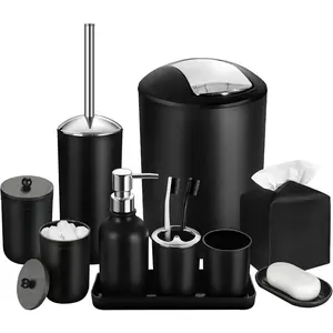 10Pcs Black Complete Bathroom Accessories Set - Includes Trash Can, Soap Dispenser, Toothbrush Holder, Soap Dish, Cotton Ball & Qtip Holder, Toilet Brush Holder and Tissue Box Cover
