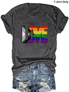 LGBTQ+ Unisex Plus Size Rainbow Striped & Letter Print Tee, Casual Crew Neck Short Sleeve T-Shirt, Women's Plus Clothing