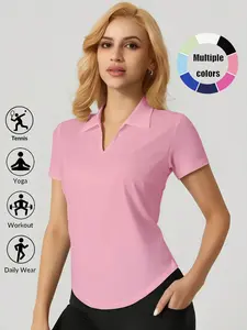 Women’s Casual Polo Style V-Neck Shirt – Soft Stretchy Short Sleeve Blouse for Daily Wear– Comfortable Breathable Collared Top