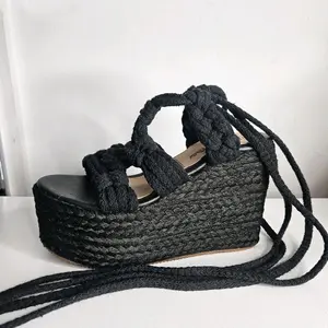 Black Woven Espadrille Wedge Sandals with Adjustable Rope Straps for Women