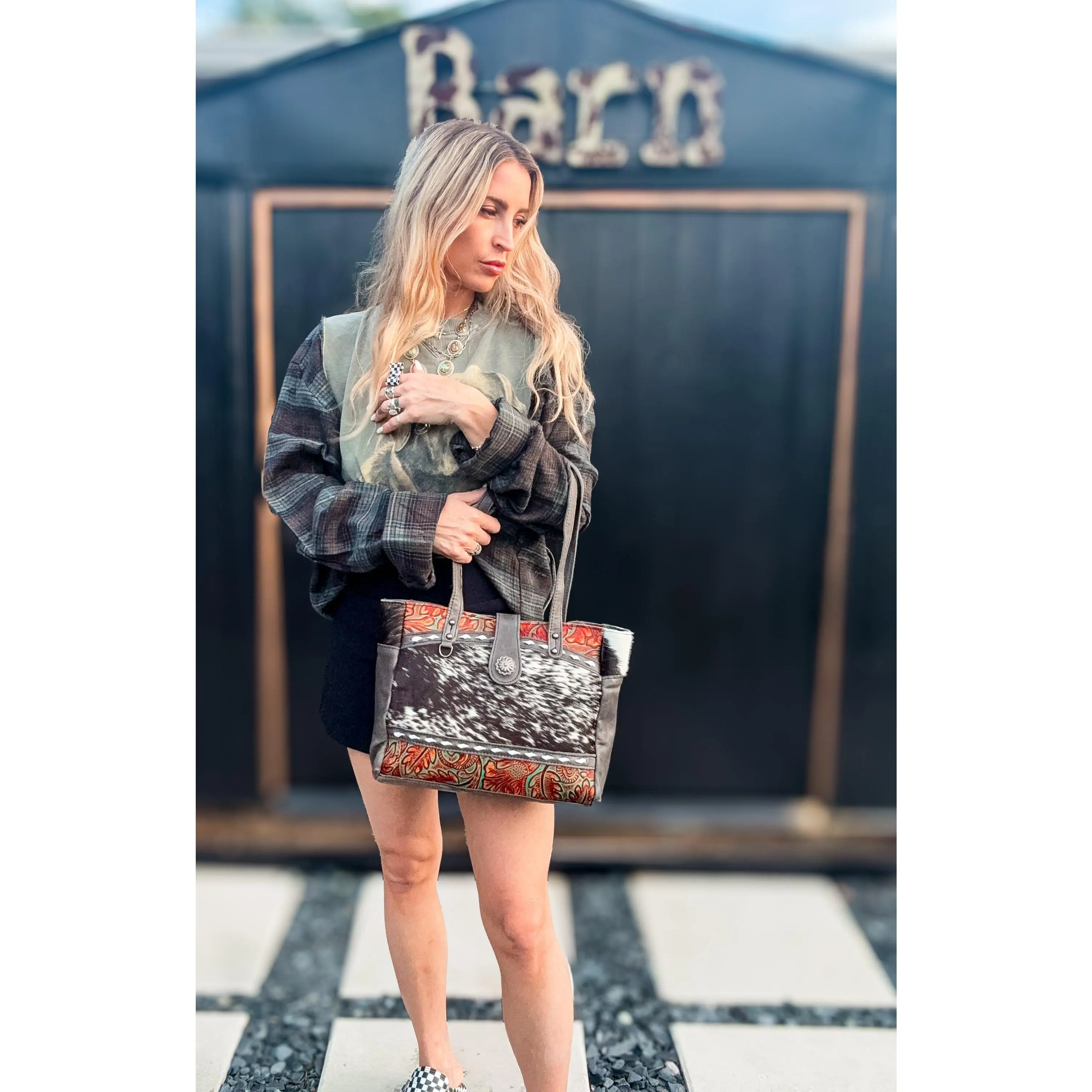 Vintage Vibe Black Leather Concealed Carry Purse with Hair-on Cowhide & Tooled Leather | Right-Hand CCW Tote