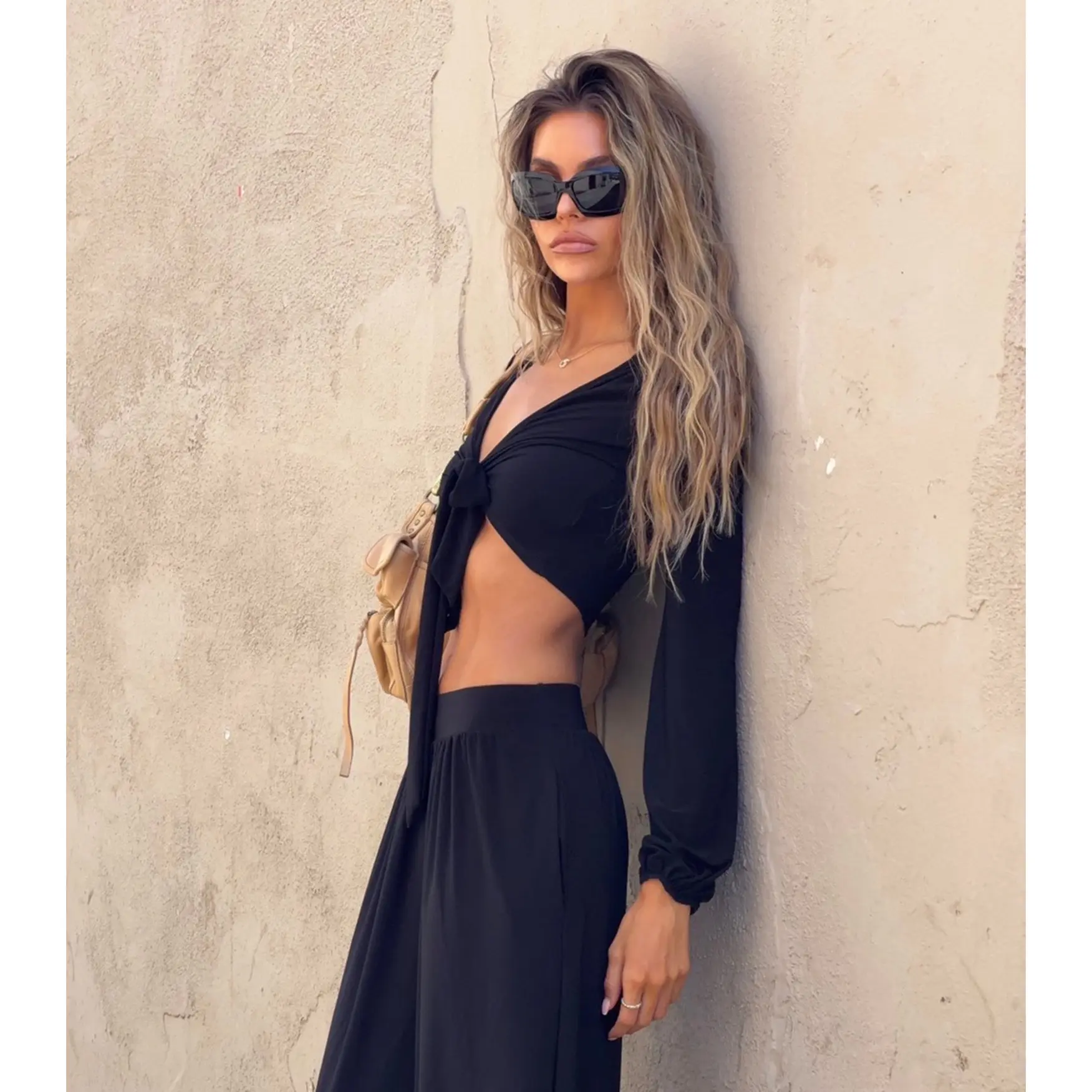 Weekend Mood Long Sleeve Tie-Front Crop Top