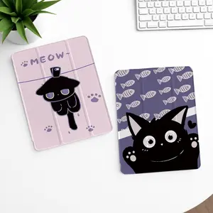 Cute Black Cat & Fish Pattern Smart Trifold Case  for iPad Air 6 5 4 ,Air 10.9"  Gen7 8 9 ，10.2”, iPad Pro11"(2020-2025) & Pro + Galaxy Tab A9+ Case Cover, S7/S8/S9/S9FE/S10FE, S7+/S8+/S9+/S10/S10 lite Auto Wake/Sleep & Durable Protection