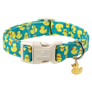 Maca Bates Cute Green Yellow Ducks Plaid Dog Collar, Adjustable Durable Soft with Rubber Duck Charm for Extra Small Boy Girl Puppy, Gift for Male Female Dogs