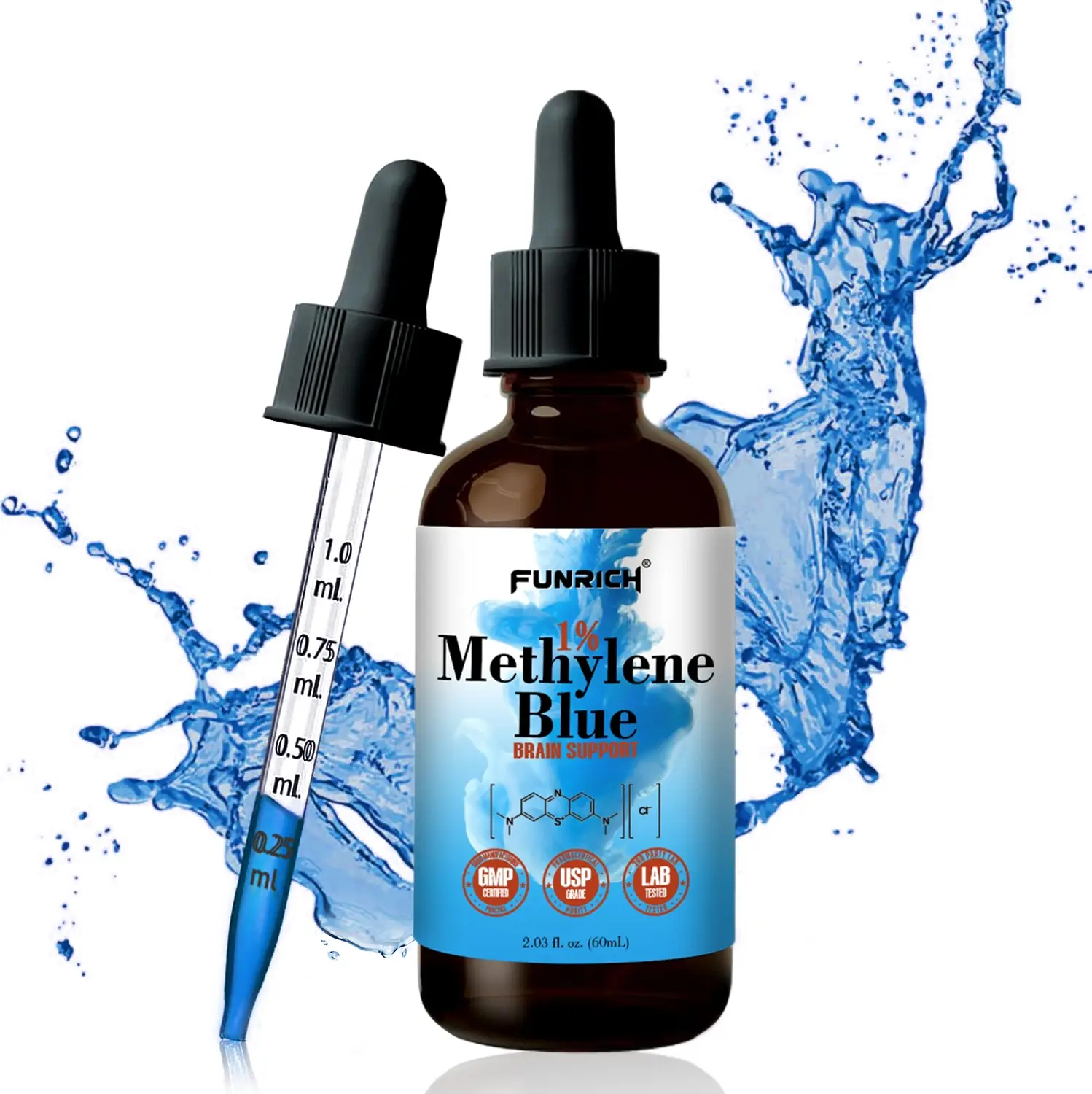 FUNRICH Methylene Blue 1% Solution USP Grade 2.03 fl oz - 60mL | Supports Memory...