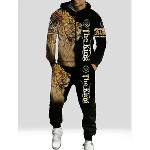 2026 New Arrival! King of Streetwear Men's 3D Lion Print Tracksuit - Hoodie & Jogger 2-Piece Set