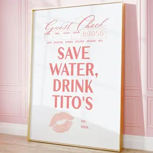 Funny Drinking Bar Cart Wall Art, Tito’s Guest Check Print, Trendy Dorm Room Poster, College Apartment Decor, Girly Preppy Aesthetic, Room Decor, Unframed