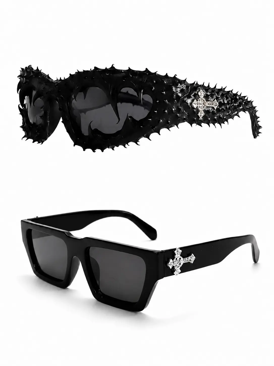 Women's Edgy Design Spiked Wraparound Sunglasses - Brutalist Textured Frame, Bling Cross Embellishments, UV400 Lenses, Cyberpunk Alt Girl Style, Festival Fashion Eyewear Accessories