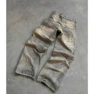 Baggy Jeans for Men Y2k Hip Hop Distressed Retro Black Pants Oversized Embroidery Harajuku Gothic Wide Leg Trousers Streetwear