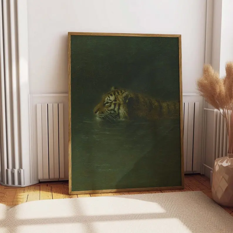 Swimming Tiger Wall Art Vintage Wildlife Poster Eclectic Emerald Green Print