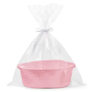 Cute Woven Basket with Gift Bags and Ribbons, Small Woven Gift Basket with Handles for ,Aesthetic Pink Woven Gift Basket with Bow , Empty DIY Gift Basket Kit for Birthday, Wedding, Mother's Day