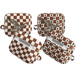 Duck Camo Checkered AirPods Case – Retro Brown Checkerboard Flying Duck Aesthetic, Cute Wild Duck Camouflage Style, Vintage Farm Country Vibe, Protective Cover with Keychain, Trendy Gift for Her & Him, For AirPods 1 2 3 4 Pro