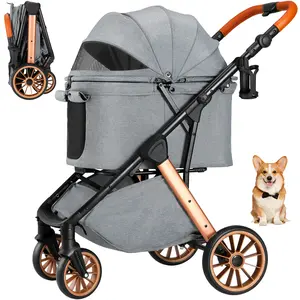 Foldable Dog Stroller for Medium Small Dogs Cats Up to 55 Lbs, Aluminum and Carbon Steel Frame Pet Stroller with Cup Holder, Adjustable Height