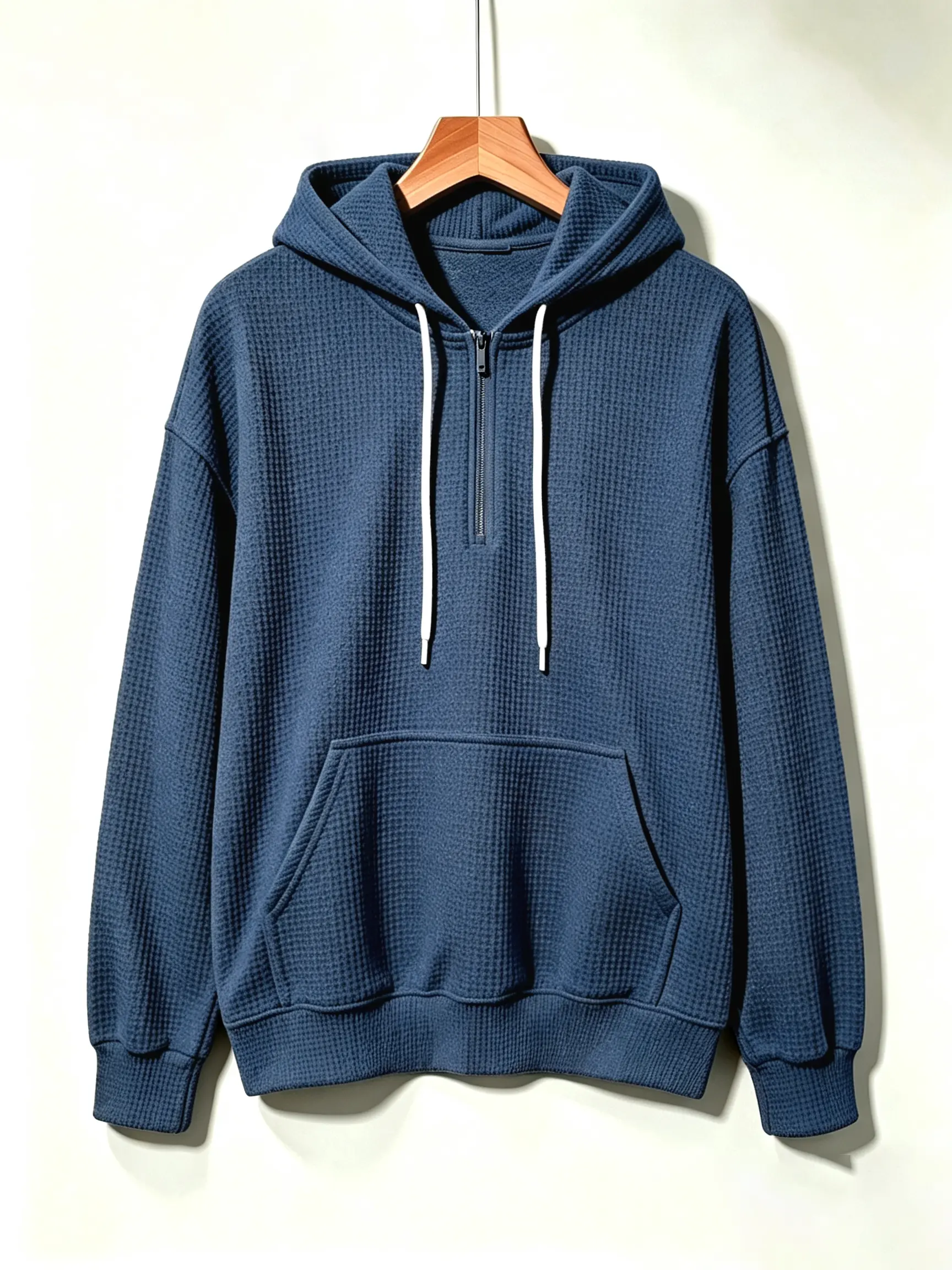 Men's Waffle Knit Long Sleeve Hooded Sweatshirt | Solid Color, Double Hood Design, Semi-Zip, Casual Style, Suitable for Holiday Parties and Daily Wear, Loose Fit, Slightly Elastic Fabric