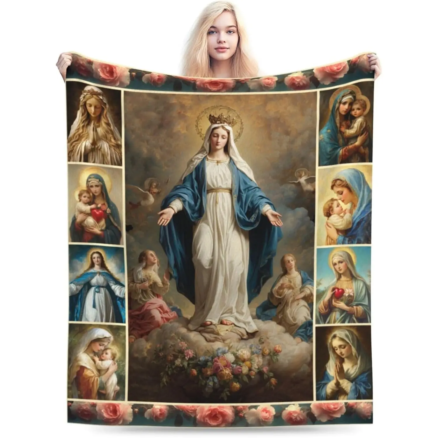 Virgin Mary Throw Blanket Catholic Religious Mexican Mother Mary Flannel Blankets Mother of God Player Fuzzy Plush Super Soft Cozy Warm Decor Gifts for Boys Girls Kids Adults Men Womenstress relief blanket