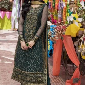 TRENDING GEORGETTE EMBROIDERY SEQUENCE WORK TOP BOTTOM WITH DUPATTA GREEN