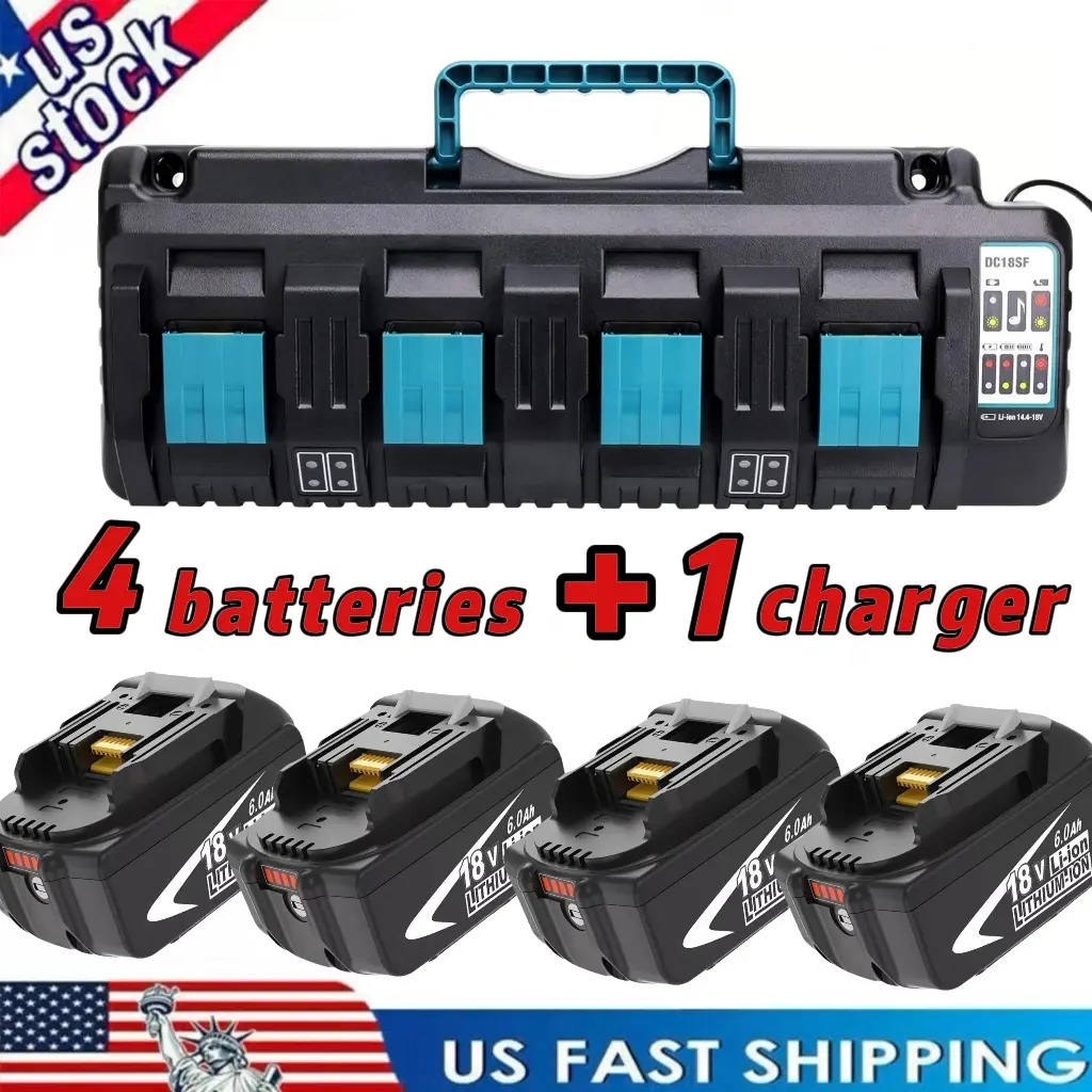18V-14.4V Power Tool Battery & Charger Combo, 4x 6.0Ah Li-Ion Comp. Batteries, 4-Port 100V-240V Charger with Carry Handle, DC18SF Model Compatible, LED Indicator, USB Light, Fits BL1830 BL1860 BL1840