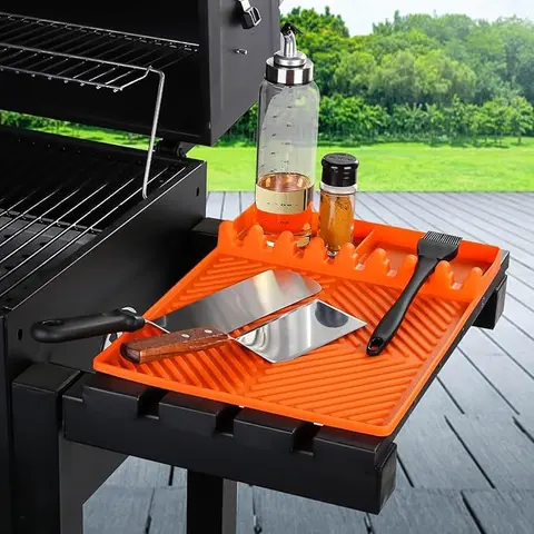 Silicone Grill Mat for Blackstone, Large Silicone Griddle Tools Mat with Drip Pad, Heat Resistant BBQ Grill Tool Rest & Side Shelf Spatula Mat for Outdoor Grill and Kitchen Countertop (Orange)