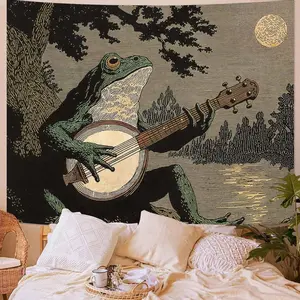 Lunerfex Folk Art Frog Banjo Tapestry - Vintage Woodland Night Wall Hanging for Rustic & Whimsical Decor 90"x70"