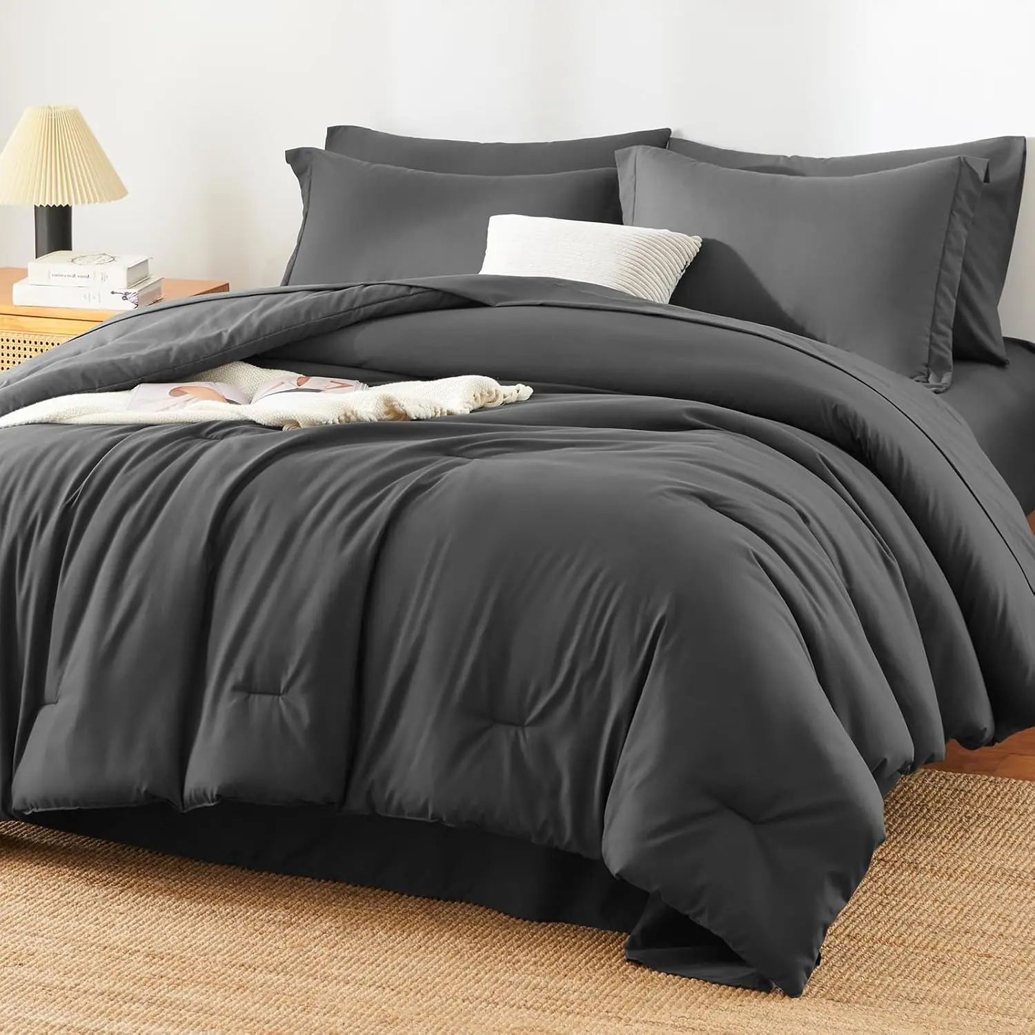 Full Size Comforter Sets - 7 Pieces Bed in a Bag Full, Set with Sheets for All Season, Bed Set with Comforter, Flat Sheet, Fitted Sheet, Pillowcases & Shams, Dark Grey