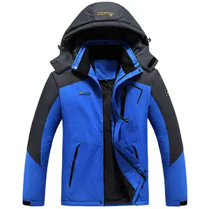 Mountain Series Men's Detachable Hood Winter Fleece Cotton Jacket Trendy Patchwork Design Urban Functional Outdoor Hiking Coat Blue & Black