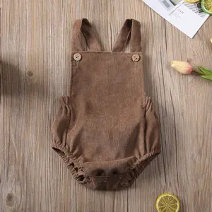 Newborn Unisex Baby Overall Corduroy Sleeveless Romper Solid Color Bodysuit Backless Cross Strap Jumpsuit Infant Summer  Outfit 0-24M